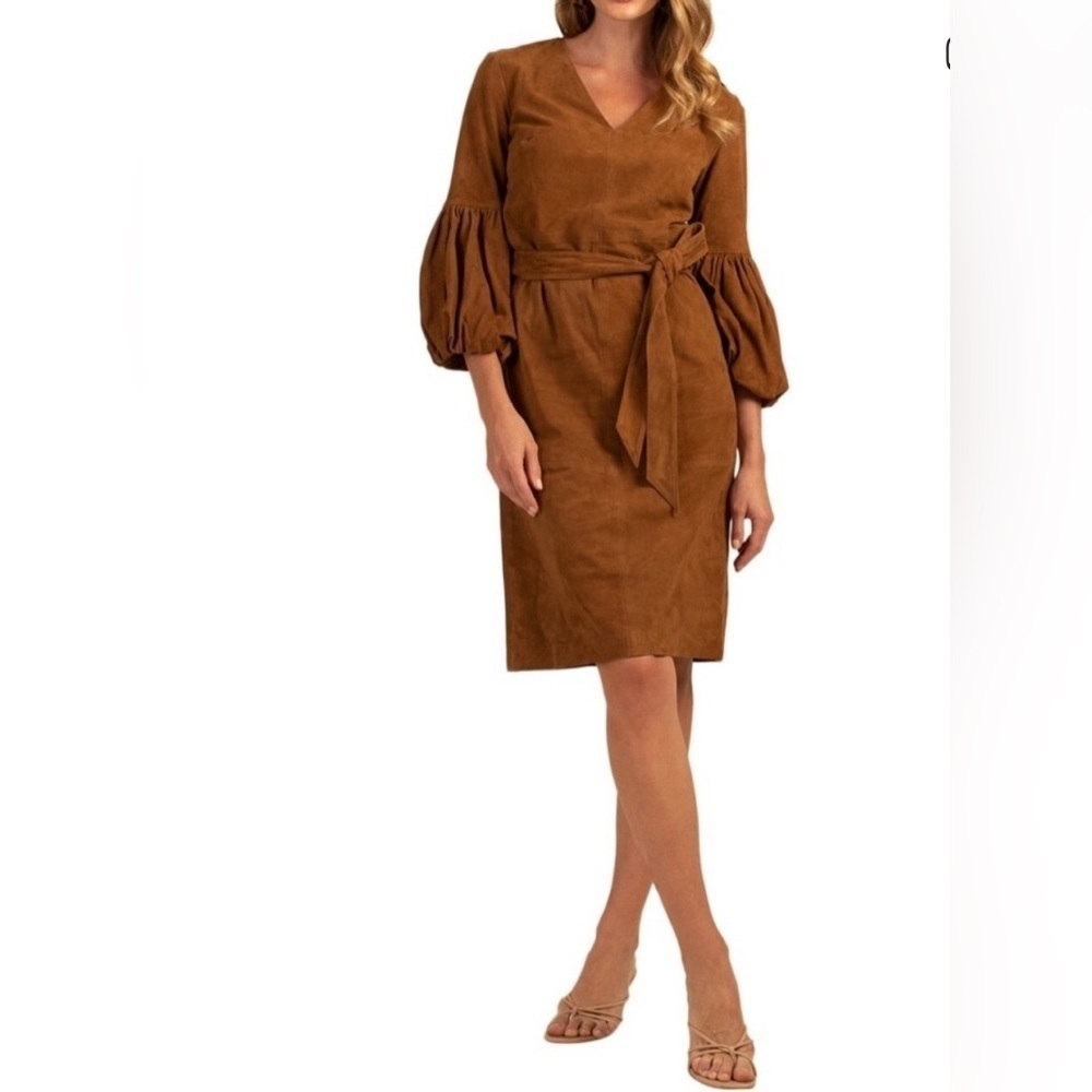 Trina Turk Brown Suede Balloon Sleeve Belted Midi Dress Size 6 Priya nwt